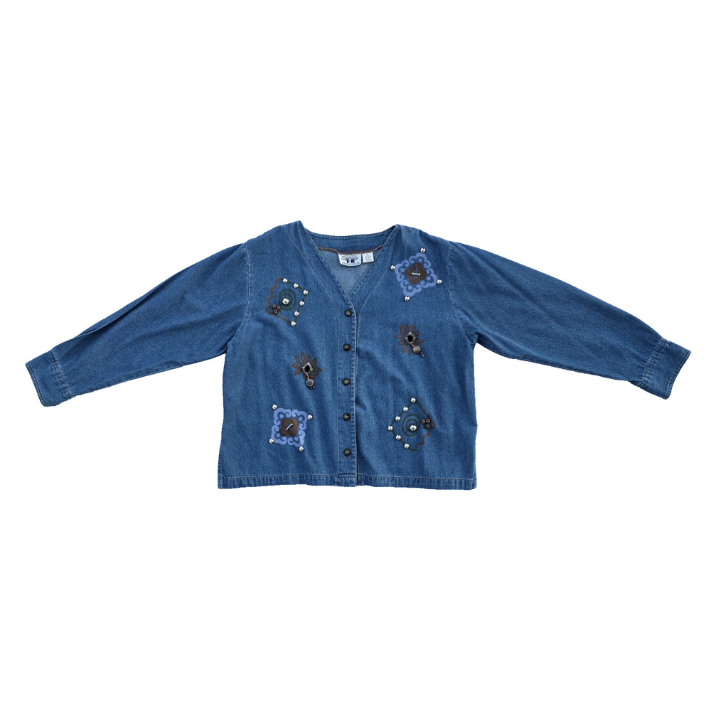 T&R Denims Original Collarless Cotton Blue Jean Jacket With Bling Womens Size XL